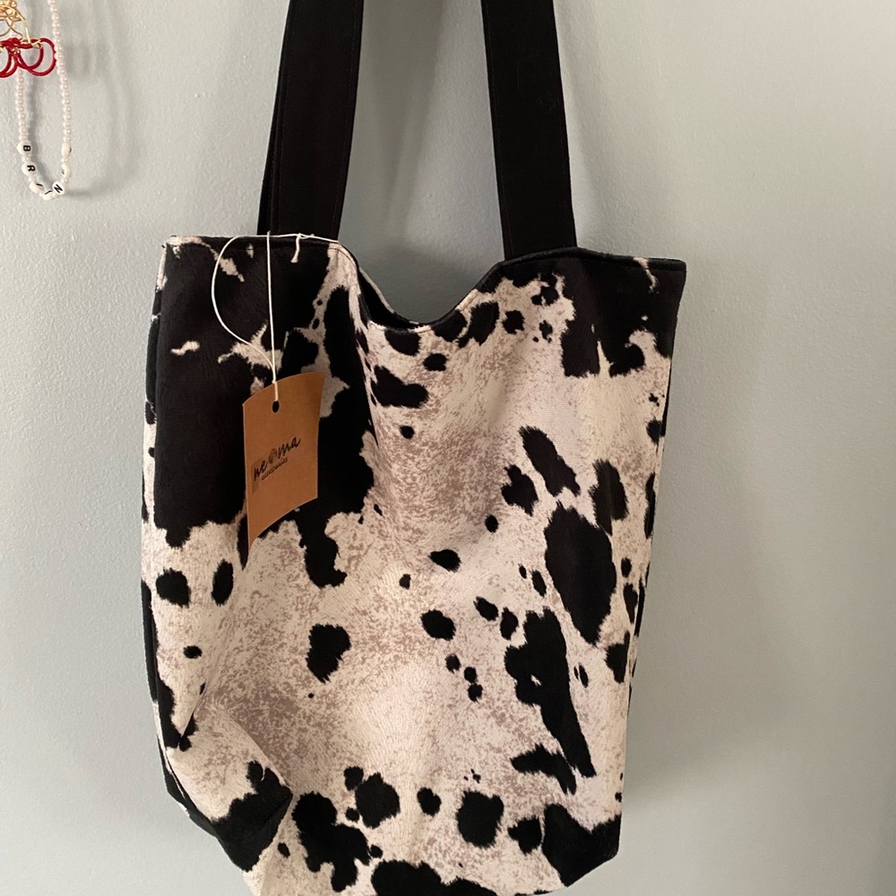 suede cow print tote bag with matching wallet